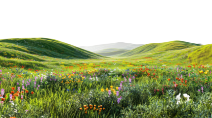 Rolling Hills of Paradise: A vibrant panoramic view of rolling hills awash with wildflowers, evoking a sense of natural splendor and tranquility.