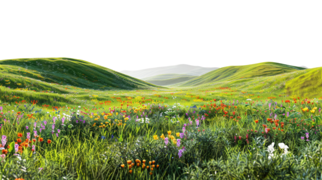 Rolling Hills of Paradise: A vibrant panoramic view of rolling hills awash with wildflowers, evoking a sense of natural splendor and tranquility.