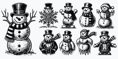 Collection of adorable snowmen illustrations in various styles, showcasing winter and holiday cheer, crafted in classic black and white for a timeless appeal 
