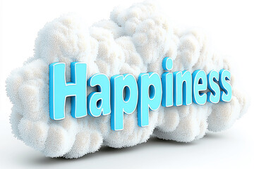 The word "Happiness" in bold, glossy blue 3D letters rests against a fluffy, cloud-like textured background, evoking softness, comfort, and emotional uplift.