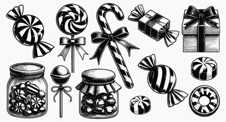 Candy and gifts set, vintage illustration in a monochrome style, depicting holiday treats, sweets, and celebratory presents against a clean background