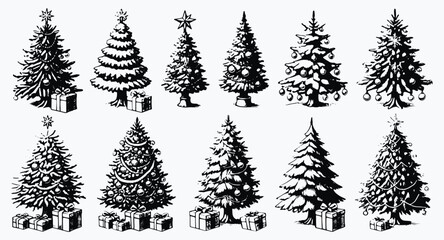 A collection of diverse sketched Christmas trees with decorations and gift boxes, in a festive celebration of the holiday season, vintage vector illustrations
