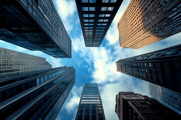 Tall skyscrapers rise around a blue sky from a dramatic ground‑up perspective, showcasing urban power, corporate ambition, and classic city architecture.