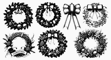 Festive holiday wreath assortment featuring Christmas wreaths decorated with bows, bells, and ornaments, perfect for holiday season decoration