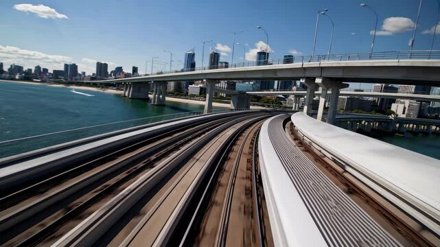 Dynamic video concept of a futuristic cityscape from a low-angle, capturing sleek train tracks curving over water with a skyline backdrop.
