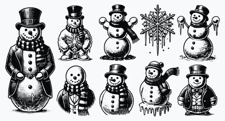 Snowman collection, vintage drawings in black and white, showcasing detailed textures and designs, perfect for holiday and winter projects