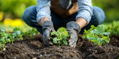 Fototapeta premium Person sitting on ground wearing blue jeans and rubber gloves planting green herbs into rich dark soil during spring gardening activity closeup with earthy focus