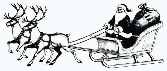 Santa Claus rides his sleigh pulled by reindeers, spreading holiday cheer and delivering presents to children, embodying the spirit of Christmas and generosity, vintage vector illustrations