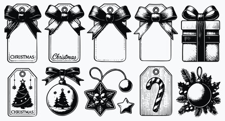 Elegant Christmas Gift Tags Collection with a Variety of festive designs in black and white, perfect for holiday promotions and gifting, vintage vector illustrations