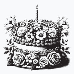 Vintage-styled birthday cake topped with flowers and a single lit candle, classic and elegant with an artistic touch