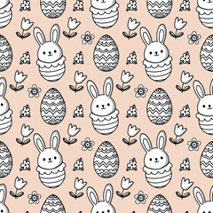 Easter eggs and bunnies. Seamless vector pattern for fabric design, wrapping paper, wallpapers.  Hand drawn.