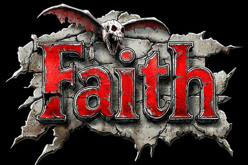The word “Faith” appears in distressed red gothic lettering, bursting through cracked stone, with a skull-faced bat creature looming above, dark, intense, and ominous.
