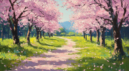 Fototapeta premium Cherry blossom trees invite peaceful, delightful stroll down flowery path