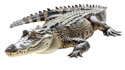 Fototapeta premium Majestic Crocodile: A striking image of a crocodile, capturing the textures and details of its rugged hide and powerful jaws, set against a stark background.