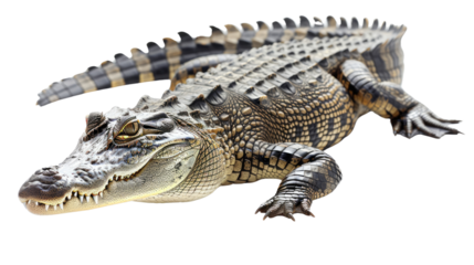 Majestic Crocodile: A striking image of a crocodile, capturing the textures and details of its rugged hide and powerful jaws, set against a stark background.