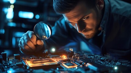 Focused cyber security investigator examining computer hardware with magnifier in a dark environment
