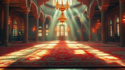 Obraz premium Majestic Mosque Interior: Sunbeams Illuminate Sacred Space