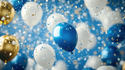 festive celebration scene with blue gold and white balloons floating upward shimmering confetti creates joyful atmosphere blank space for text illustration