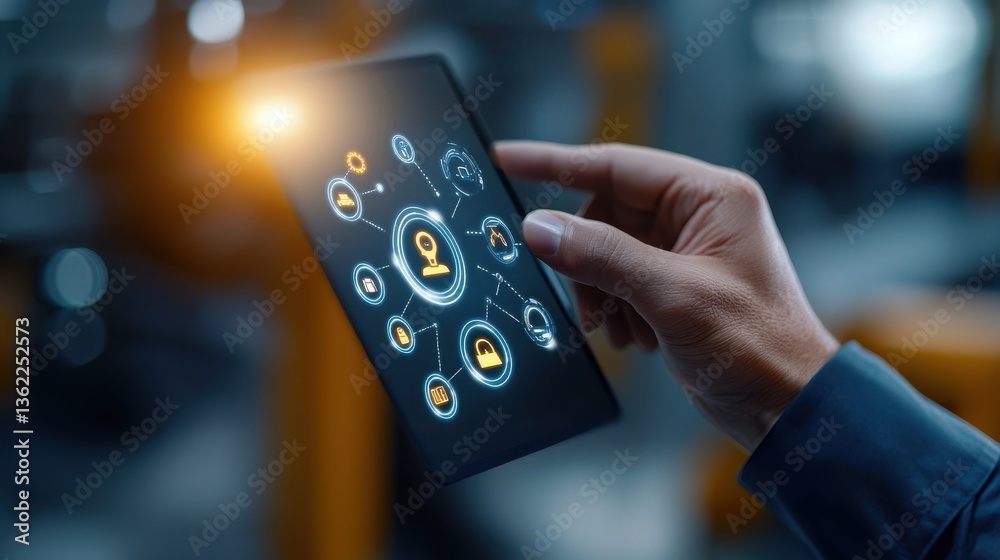 Wall mural businessman s hand using mobile smartphone device with abstract digital icons symbols and applicatio