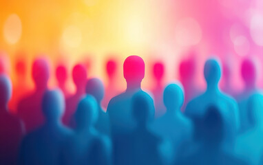 depicts vibrant crowd of abstract figures with colorful gradient background, creating sense of unity and diversity among people in business network setting