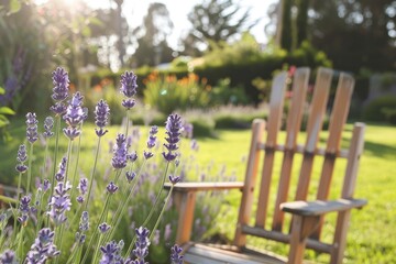 Serene garden scene featuring blooming lavender flowers in focus with a rustic chair and lush greenery