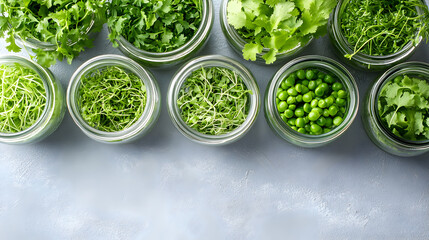 Obraz premium Top view of glass jars filled with microgreens and peas in bright natural light. Ideal for healthy food blogs, kitchen storage visuals or recipe websites. Selective focus