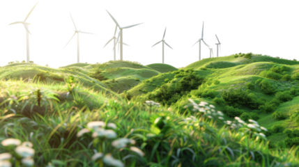 Harnessing the Wind: a breathtaking view of wind turbines standing tall, harnessing the power of nature on a lush, green landscape.