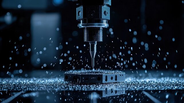 Close-up of a CNC machining center processing plastic with a rotating endmill tool.