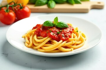 Plate of pasta with tomato sauce, white backdrop , white, background