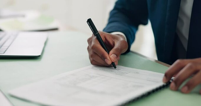Hands, paper and pen for signature with business person in office for agreement or contract. Legal, document and writing with professional employee in workplace for compliance and registration