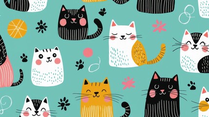 Playful Cat Patterns with Cute Cartoon Felines on Bright Background