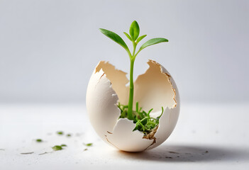 Close-Up of a Cracked Eggshell with a Tiny Green Sprout Emerging