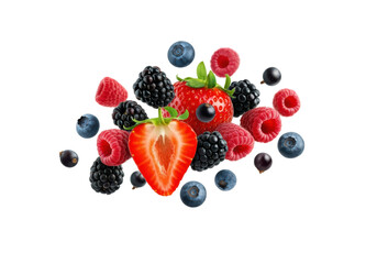 A creative and colorful layout of mixed berries—strawberries, blueberries, raspberries, and blackberries—arranged dynamically in mid-air, placed on a solid white background.