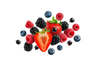 A creative and colorful layout of mixed berries—strawberries, blueberries, raspberries, and blackberries—arranged dynamically in mid-air, placed on a solid white background.