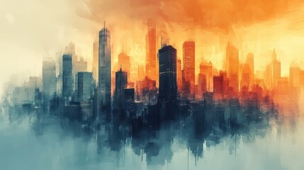 Fototapeta premium Cityscape at Sunset: A Watercolor Impression