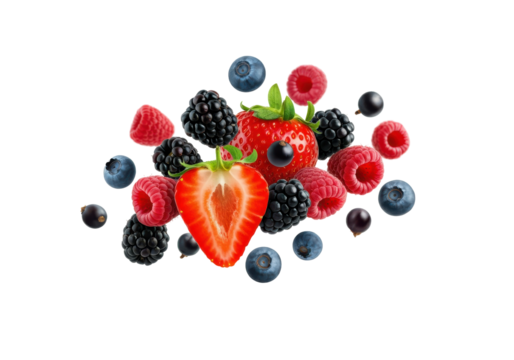 A creative and colorful layout of mixed berries—strawberries, blueberries, raspberries, and blackberries—arranged dynamically in mid-air, placed on a solid white background.