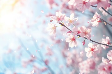 Serene Cherry Blossom Scene with Falling Petals and Sunlight Through Blooming Branches