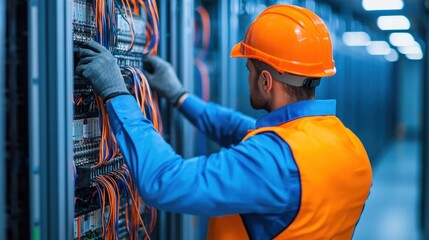 Electrical code compliance inspection data center professional action indoor environment close-up viewpoint