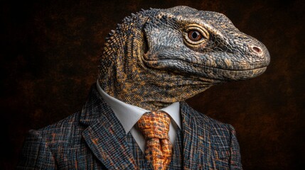Reptilian Businessman Anthropomorphic Komodo Dragon in Suit, Dark Background Portrait