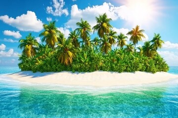 Fototapeta premium Whole tropical island within atoll in Indian Ocean. Uninhabited and wild subtropical isle with palm trees. Blank sand on a tropical island.