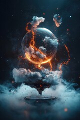 Naklejka premium Surreal Dreamlike Orb Surrounded by Fiery Clouds and Mist