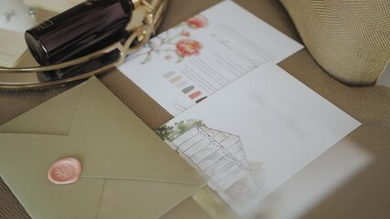 Wedding invitations, wedding accessories. Collection showcases Elegant Floral Stationery paired with a Green Envelope Display