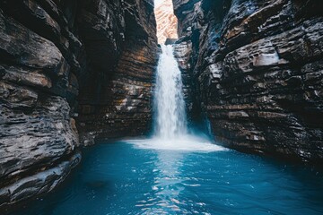 Naklejka premium Serene waterfall cascading into a tranquil blue pool surrounded by majestic rocky cliffs