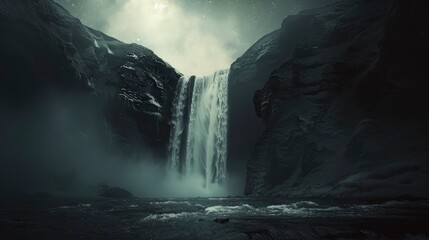 Majestic waterfall cascading down rocky cliffs under a misty sky, surrounded by dark wilderness