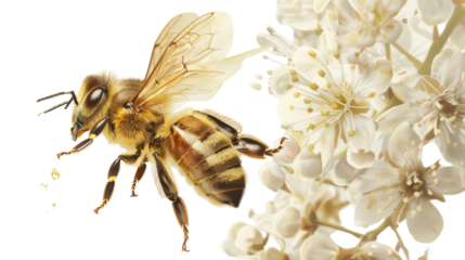 A Bee and Blossom's dance: A honeybee, captured mid-flight near a cluster of delicate blossoms, epitomizing the symbiosis of nature, as it elegantly collects nectar.