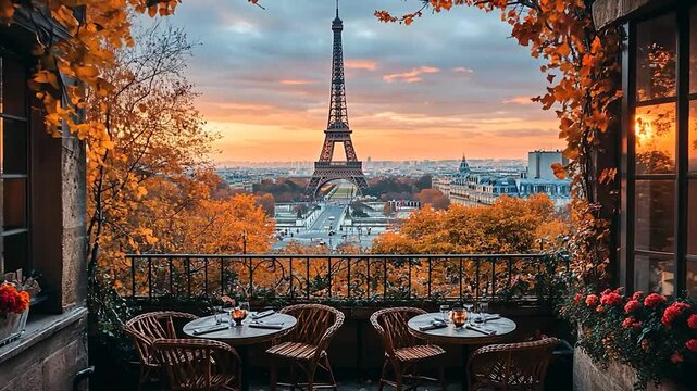 Cozy balcony view of the Eiffel Tower at sunset with autumn foliage