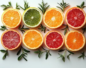 Colorful citrus fruit slices arranged with fresh herbs on a clean surface