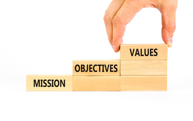 Mission objectives values symbol. Concept words Mission Objectives Values on beautiful blocks....