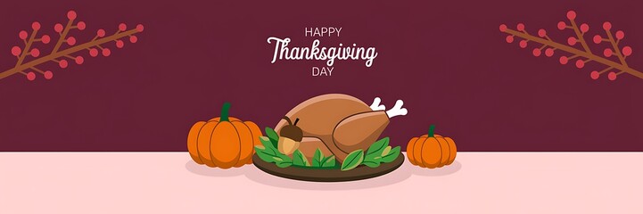 Festive Thanksgiving scene with a roasted turkey adorned with an acorn surrounded by green leaves two pumpkins and 'Happy Thanksgiving Day' text on a maroon background with red berries in the corner