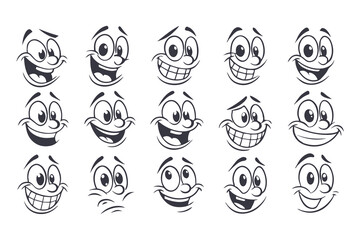 A Whimsical Collection of Funny Cartoon Faces: Expressive Characters Displaying a Variety of Emotions.